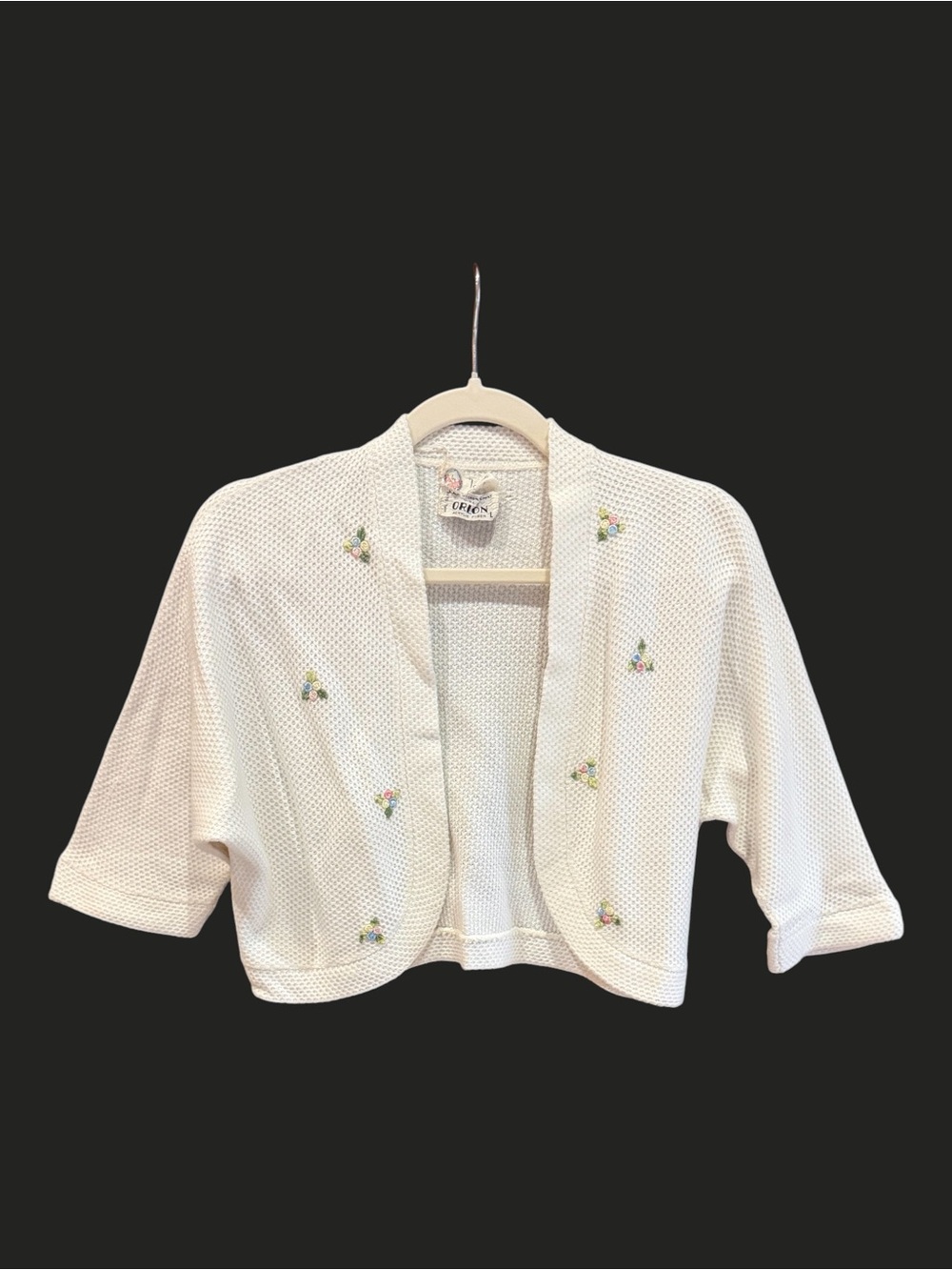 VINTAGE 70s Orlon Embroidered Floral Caplet‎ Bolero Shrug Cottagecore M